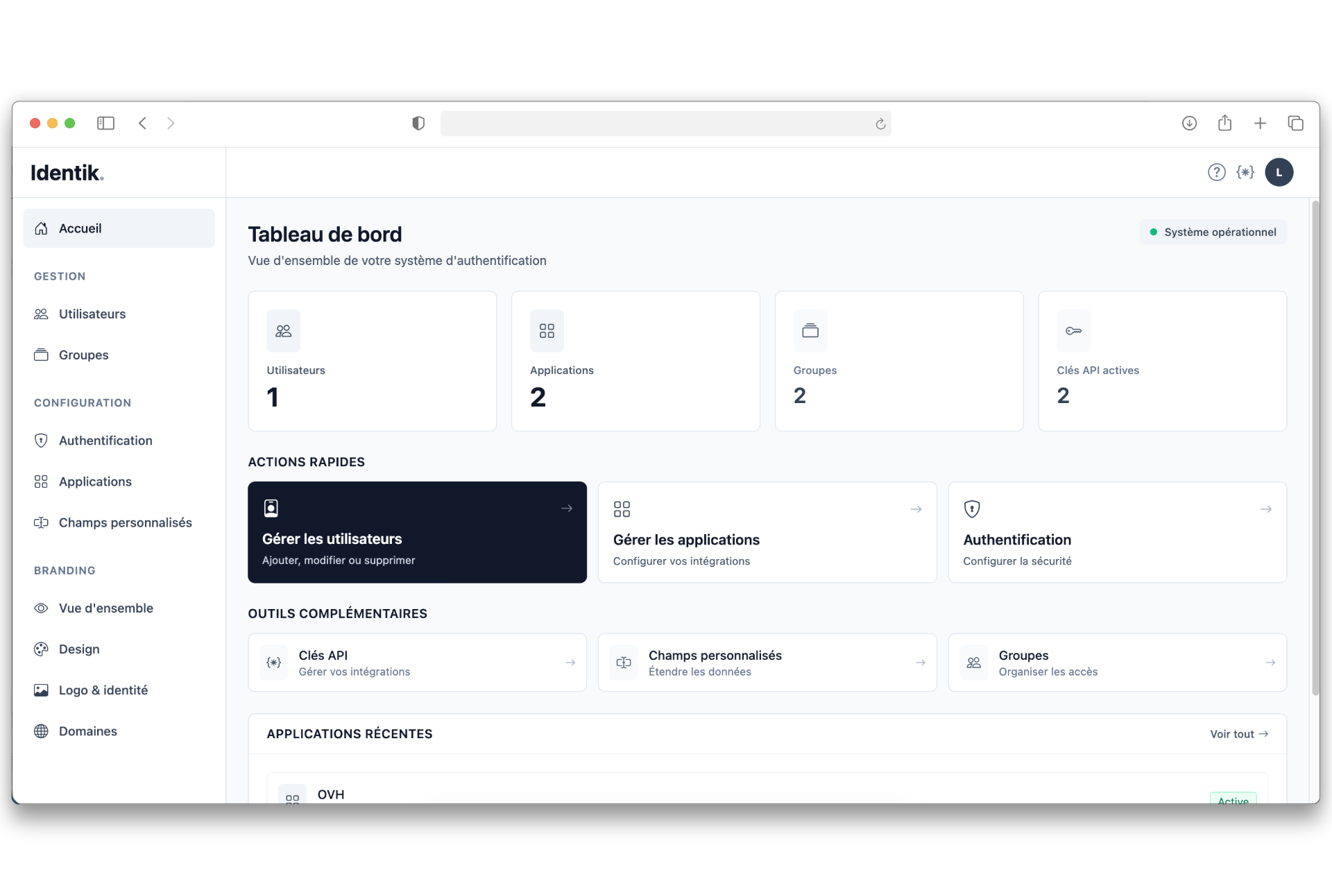 Tableau de bord Identik